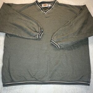 Vintage Route 66 Mens XL V-Neck Sweatshirt Olive Green Striped Trim Y2K Pullover